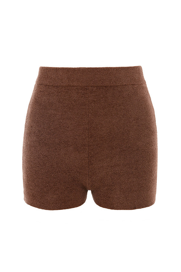 Choklad fluffig stickad crop top med högmidjade shorts