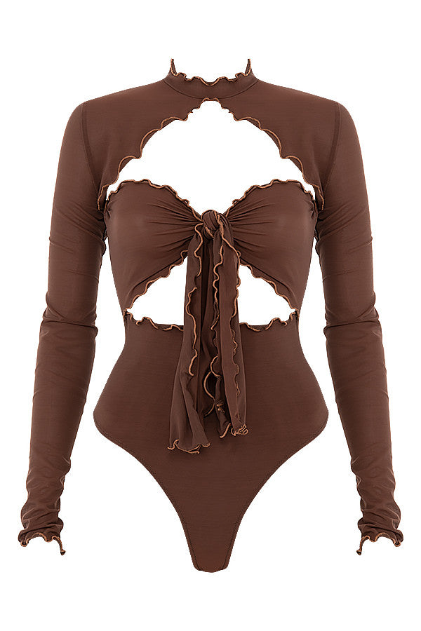 Bodysuit i brun power mesh med knytband framtill