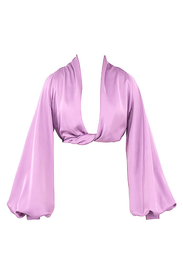 Djupt skuren blustop i silkeslen satin med draperad kjol