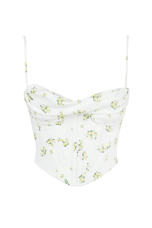 Elfenbensfärgad draperad korsett med blommor