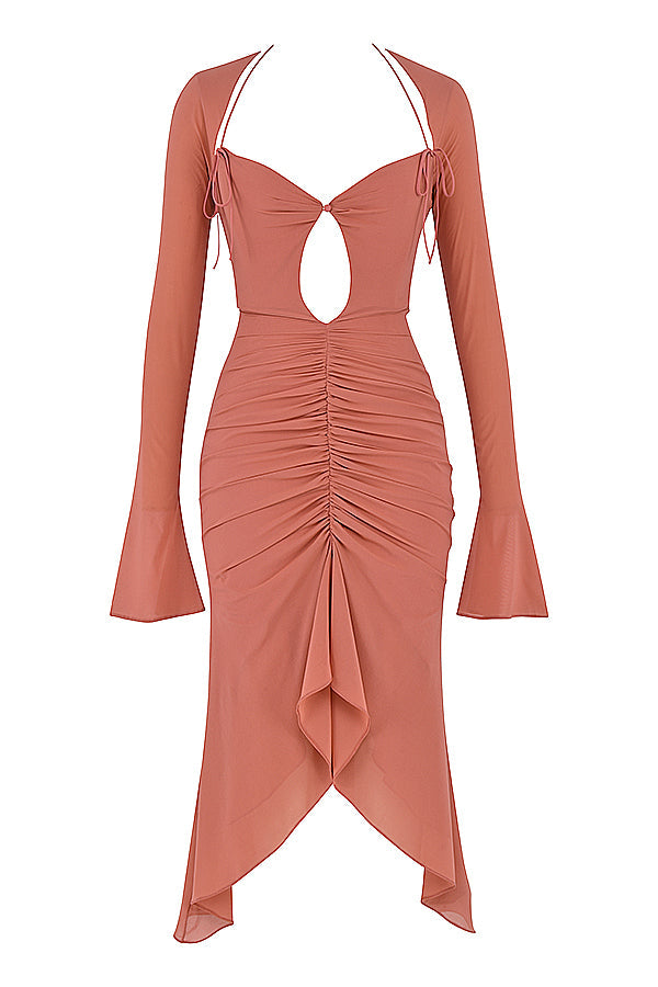 Rose midiklänning av äkta siden med volanger