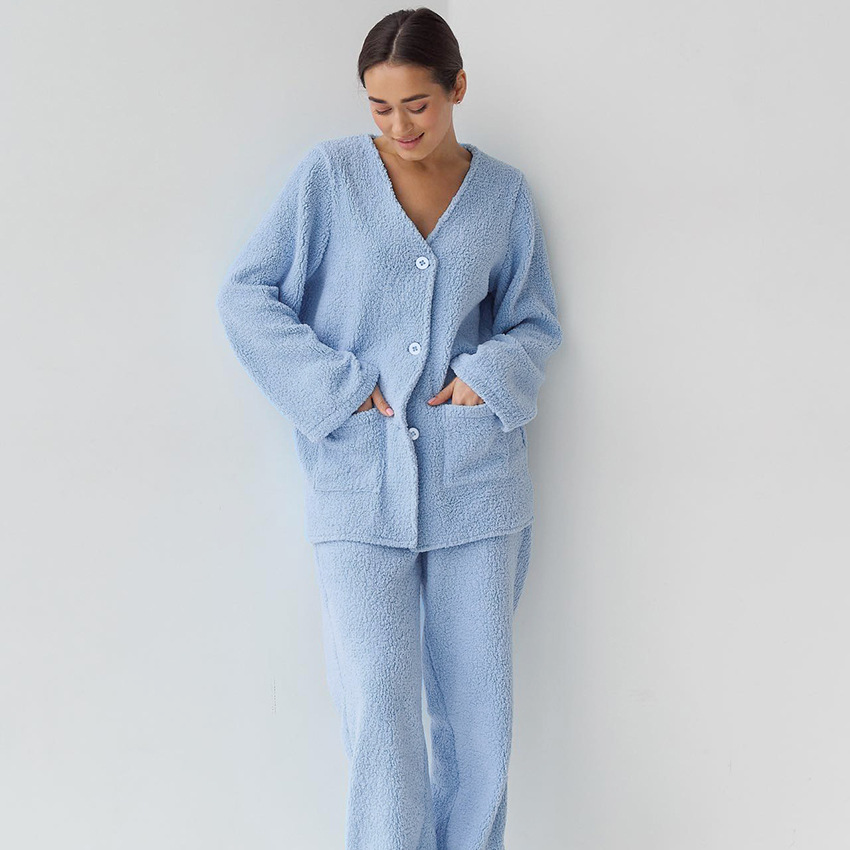 Blå lå ngärmad ullpyjamas för kvinnor