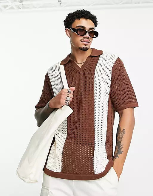 Bershka virkad polo med breda ränder