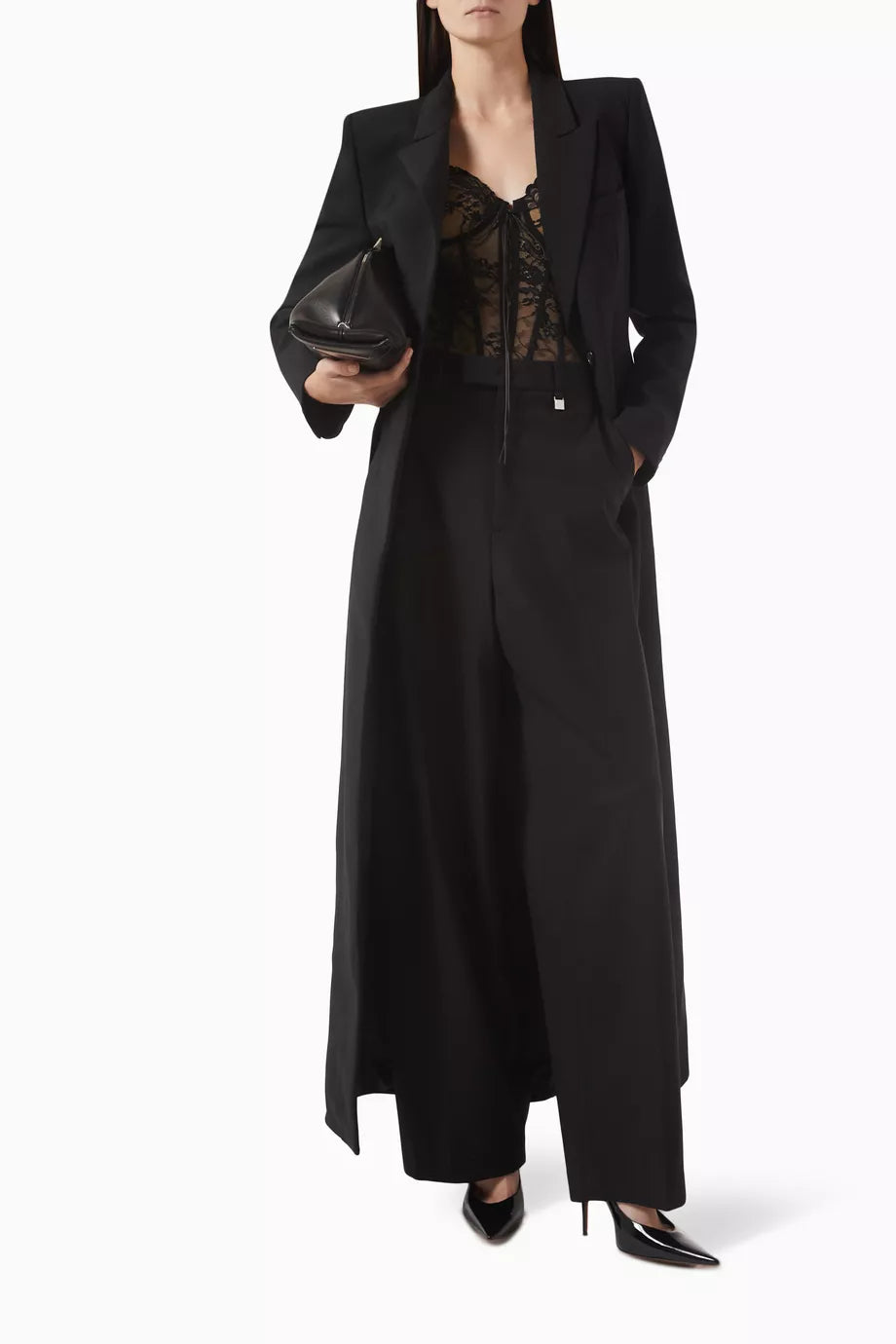 Enkelknäppt svart kappa i ullblandning