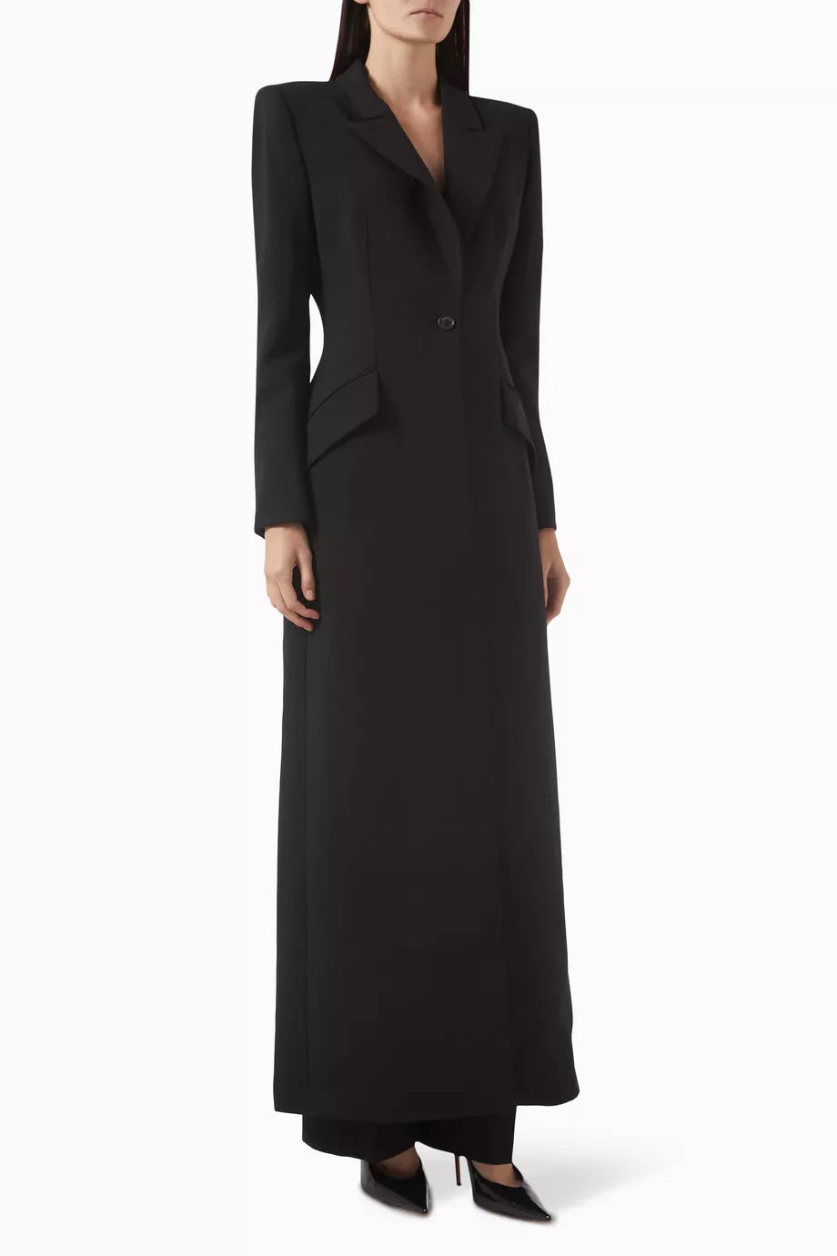 Enkelknäppt svart kappa i ullblandning