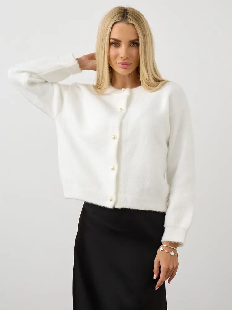 Stickad kofta i ull i minkliknande färg