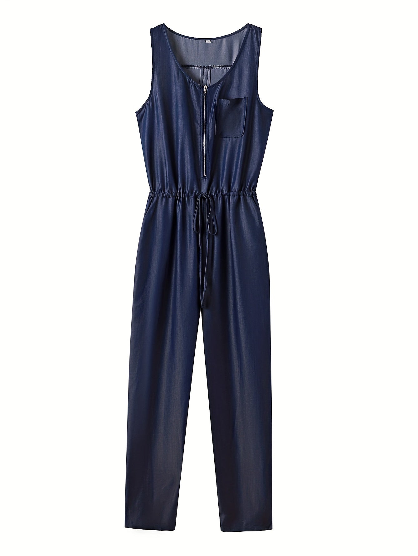 Denim jumpsuit med dragkedja fram och midjeband