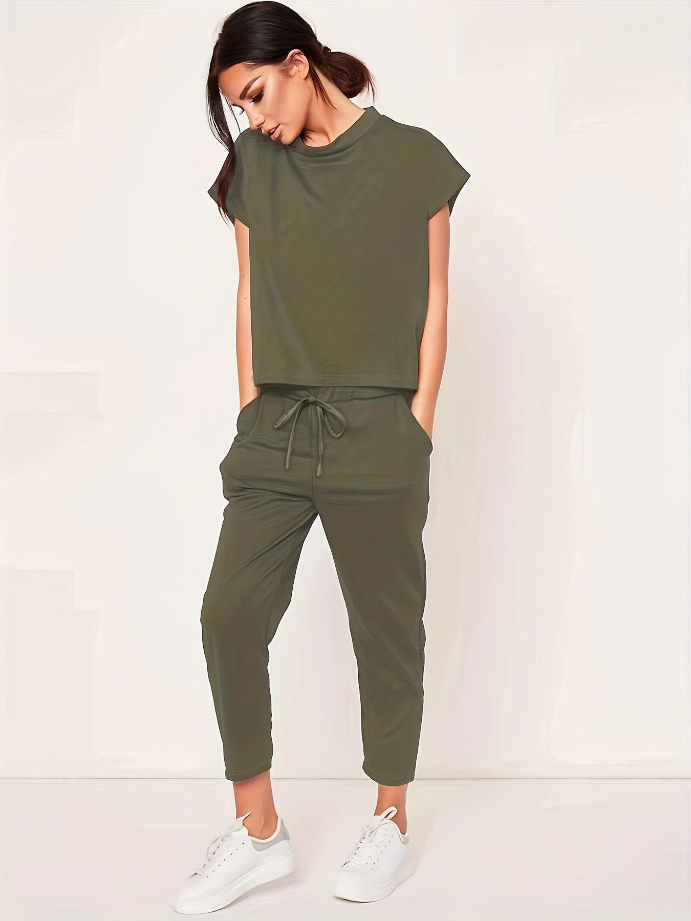 Casual kortärmad topp och byxor för kvinnor