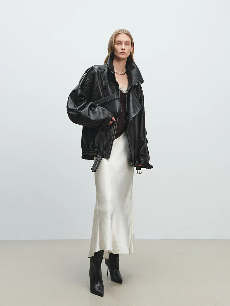 Mjuk, överdimensionerad läderjacka