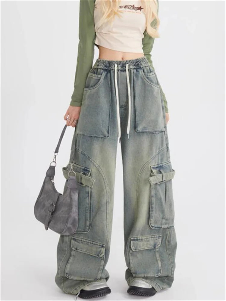 Retro lösa jeans med stora fickor