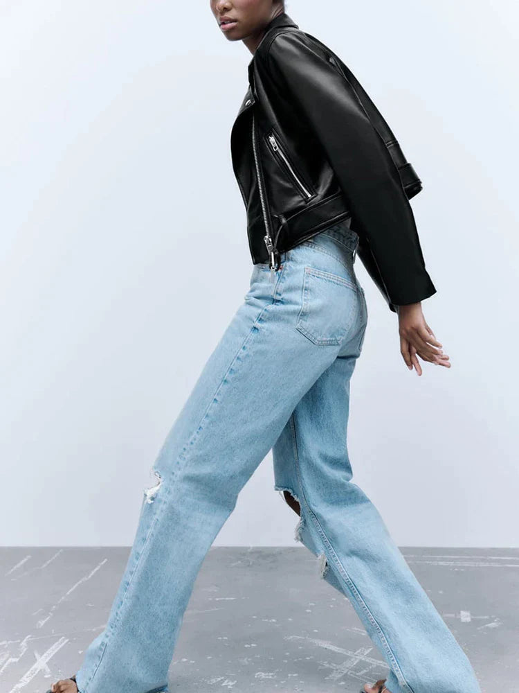 Lätt kort svart skinnjacka för kvinnor