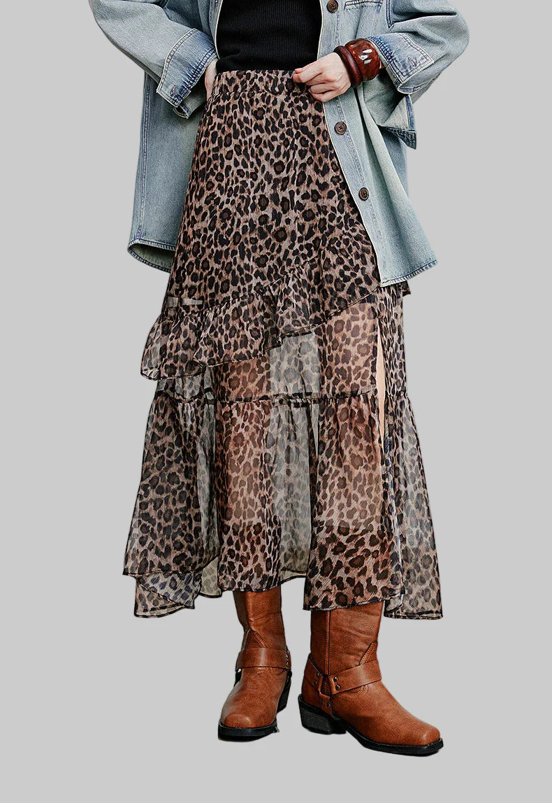 Leopardmönstrad chiffongkjol med öppen slits