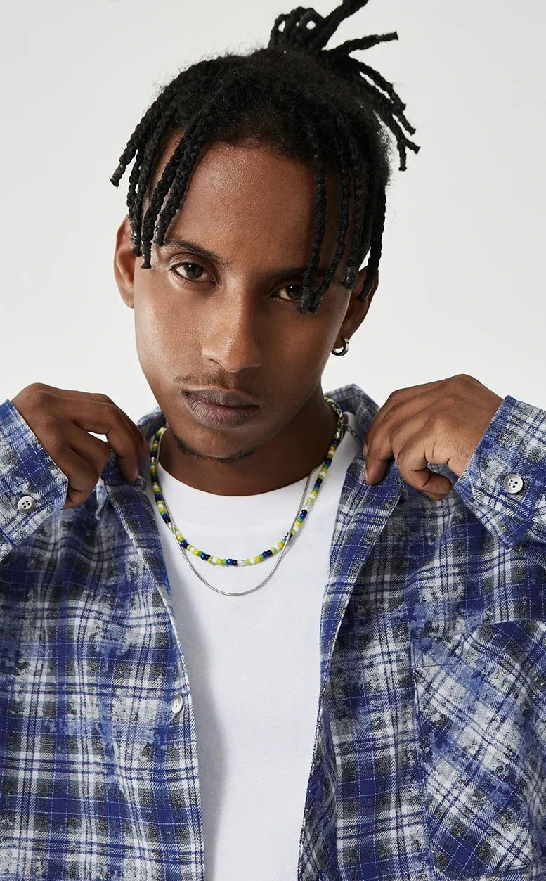 Blå  rutig oversized skjorta med lå nga ärmar