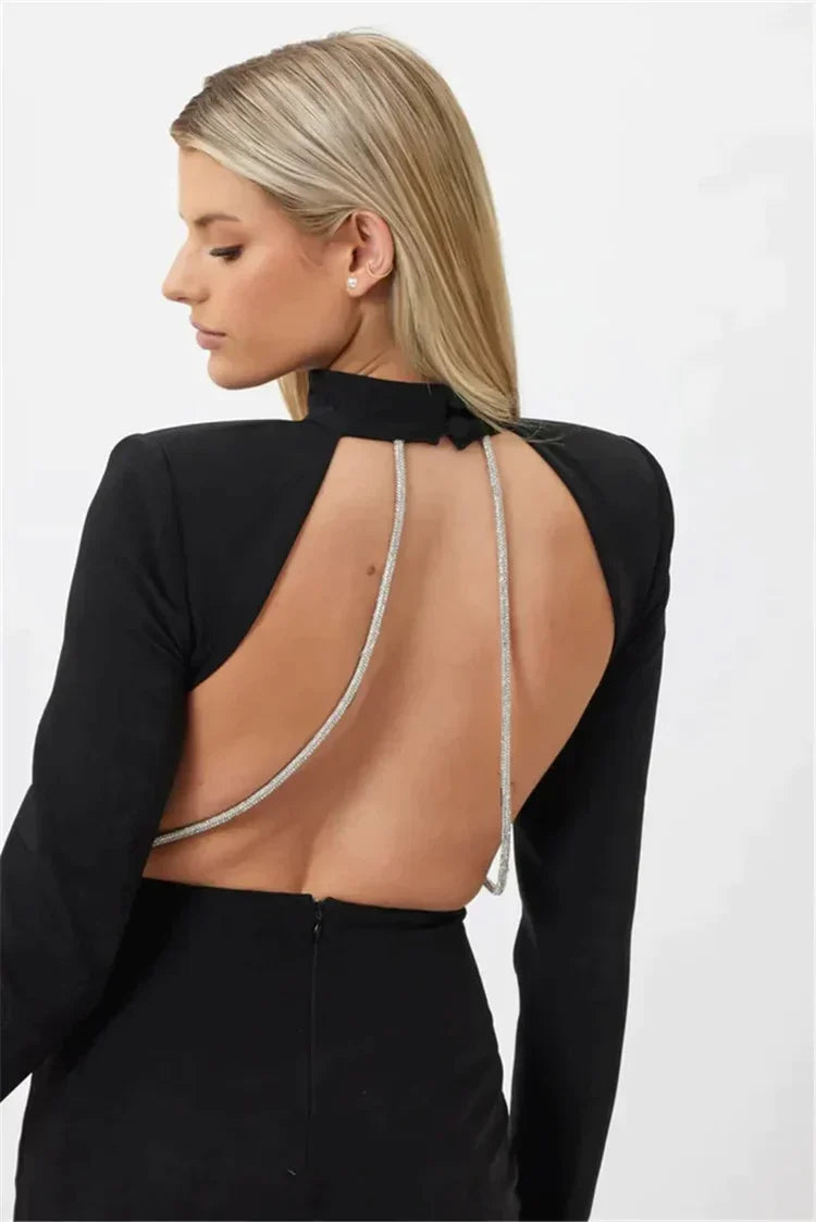 Lå ng klänning utan slits, lå nga ärmar och strass