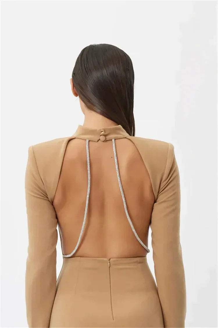 Lå ng klänning utan slits, lå nga ärmar och strass