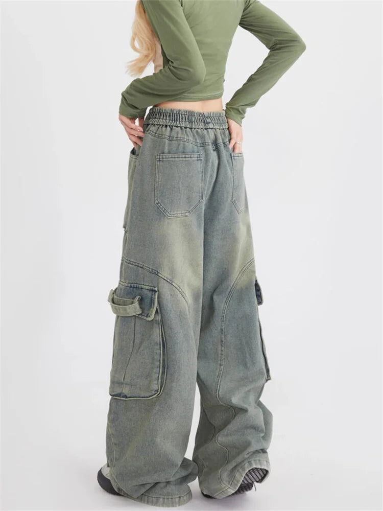 Retro lösa jeans med stora fickor