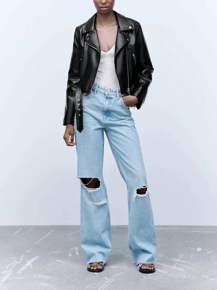 Lätt kort svart skinnjacka för kvinnor