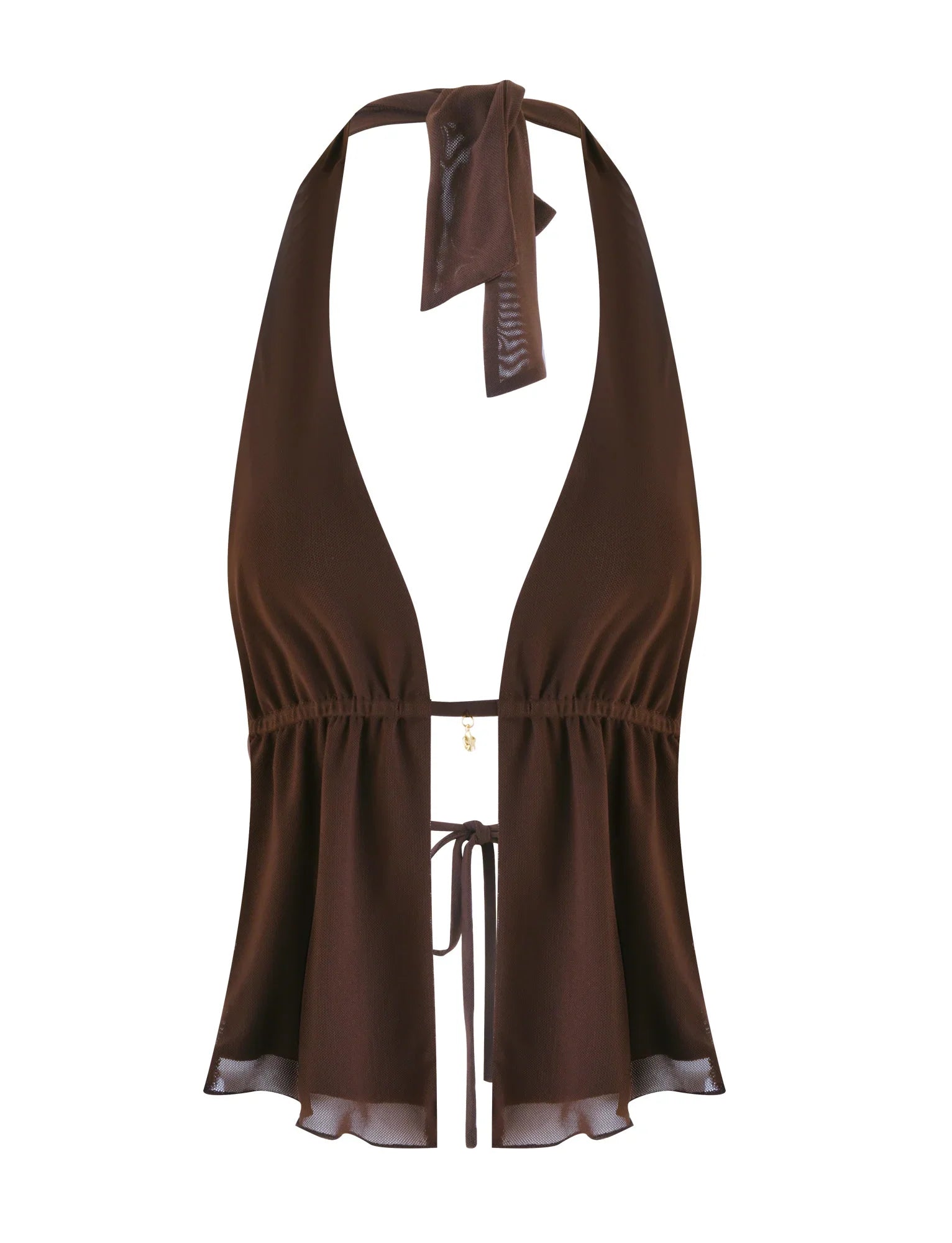 Mörkbrunt set med halterneck och kjol i midja och höft