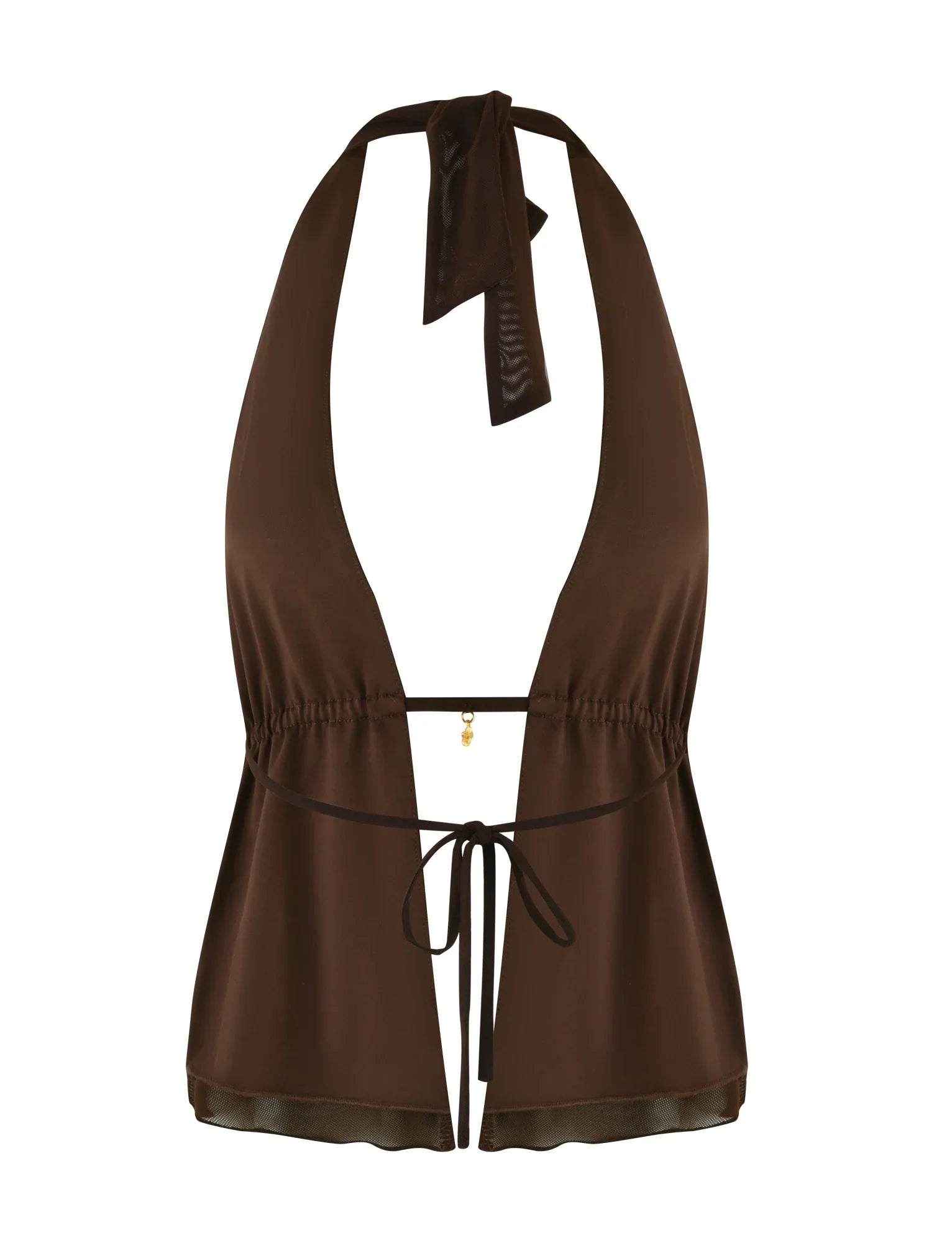 Mörkbrunt set med halterneck och kjol i midja och höft