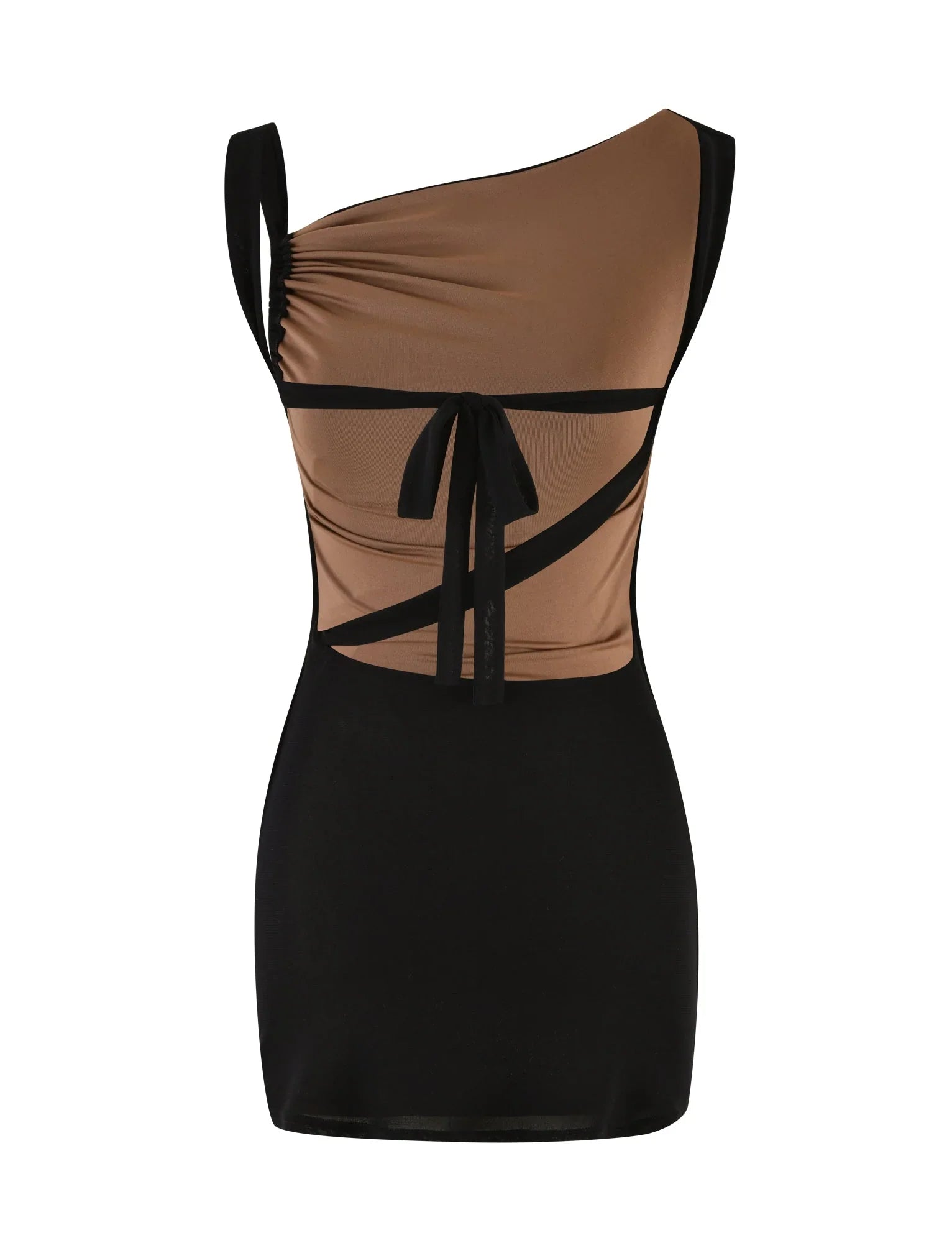 V-ringad dragsko med volang och åtsittande hängslen i höftkjol