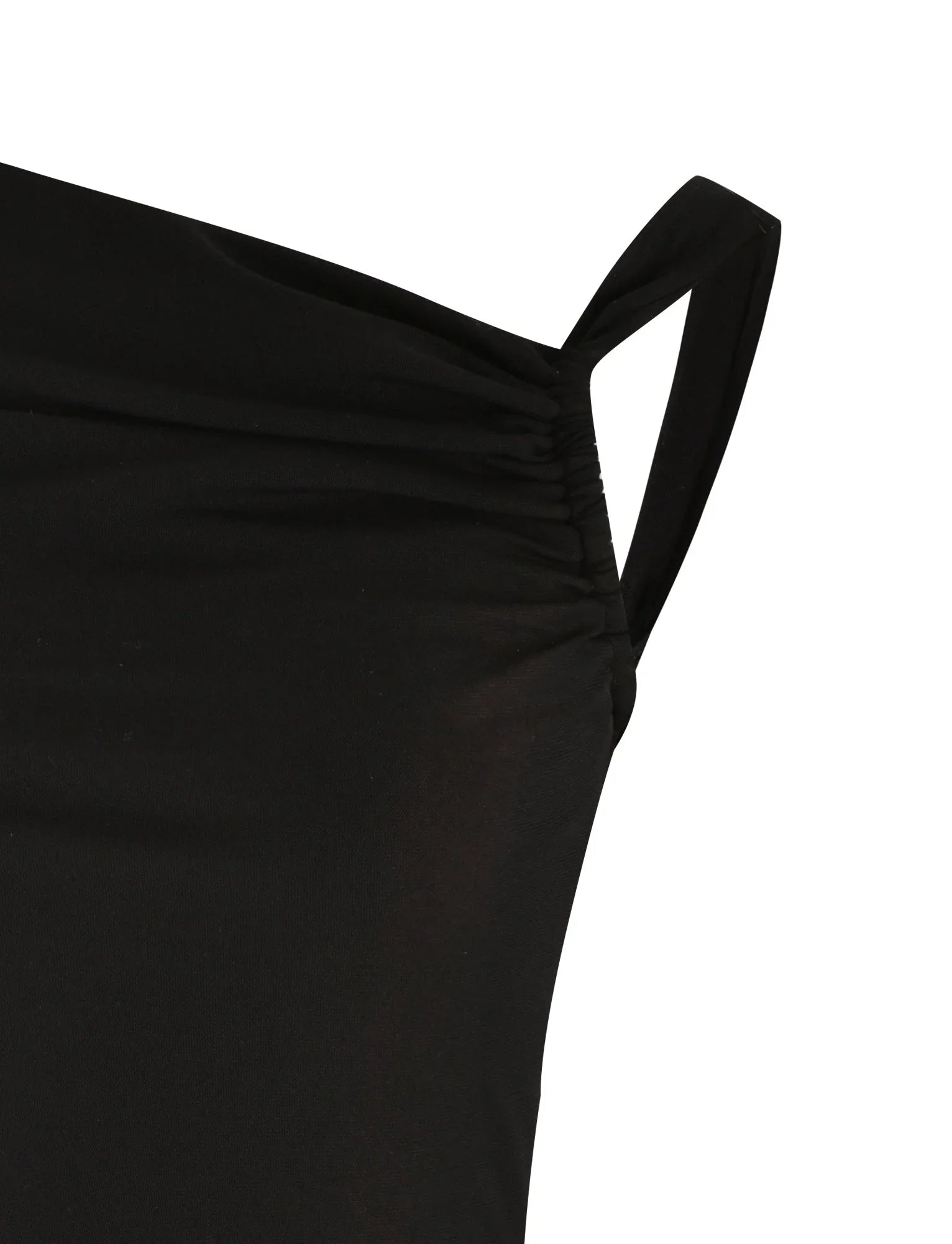 V-ringad dragsko med volang och åtsittande hängslen i höftkjol