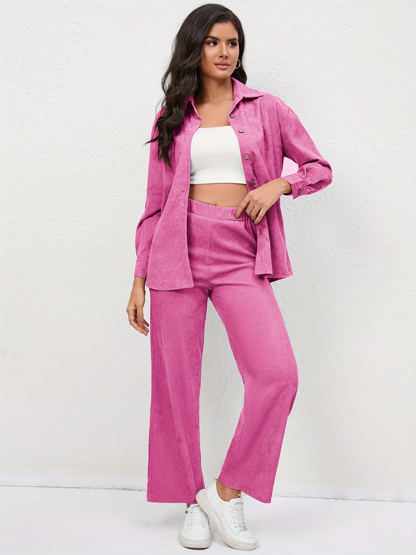 Casual skjorta och byxor i manchester med lå nga ärmar och högt elastiskt midjeband