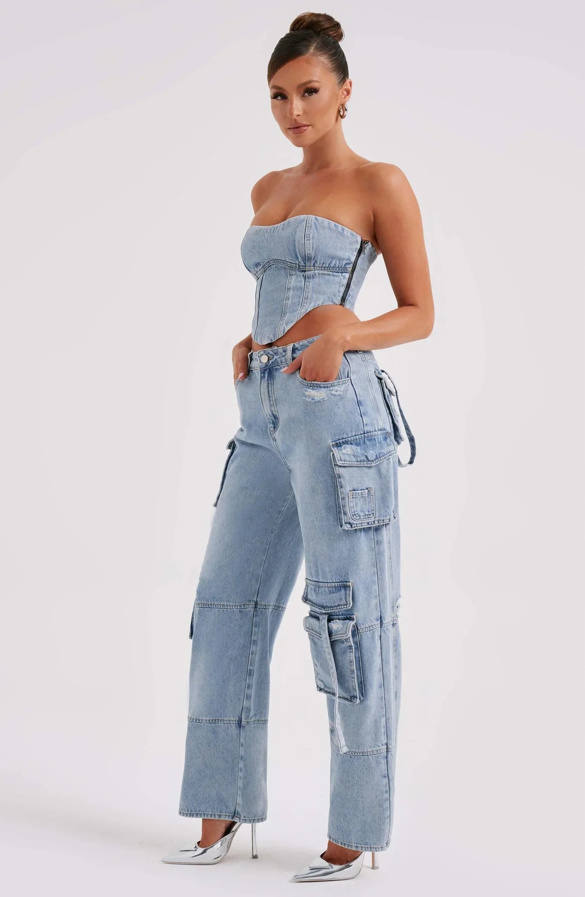 Denim korsett och cargo byxor set