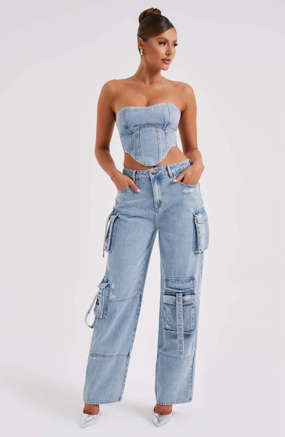 Denim korsett och cargo byxor set