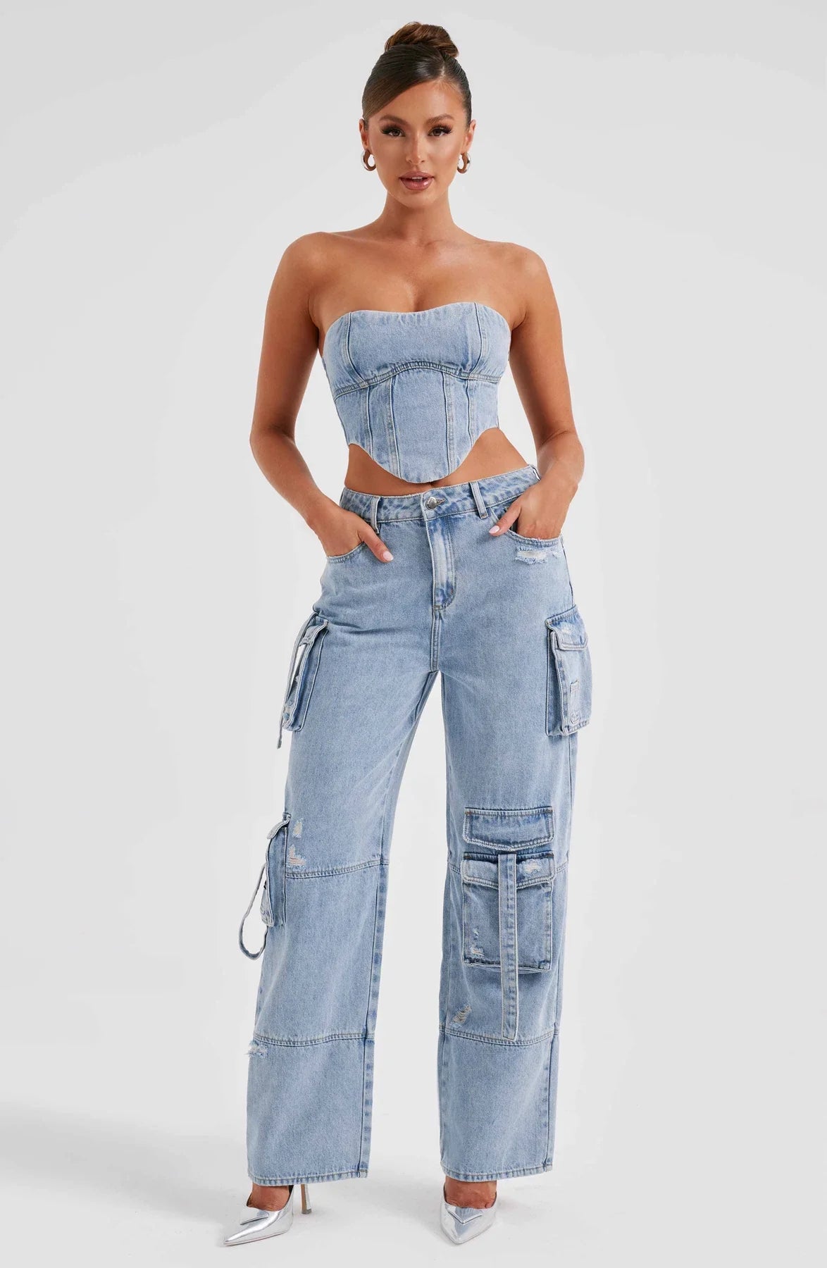 Denim korsett och cargo byxor set