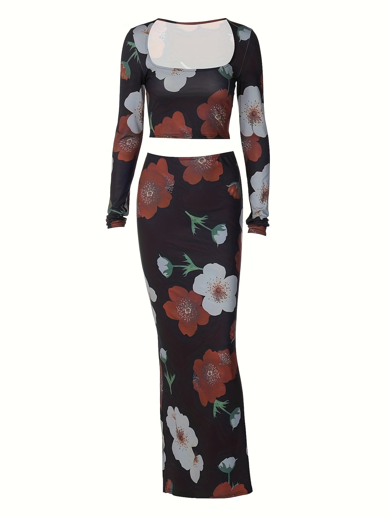Svart blommigt set med crop top och maxikjol