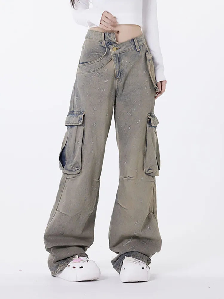 Retro asymmetriska tvättade jeans