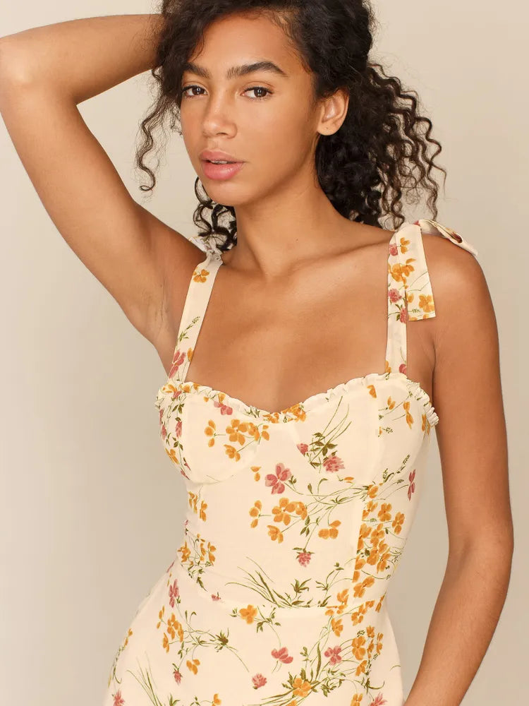 Sweetheart Neckline Blommig miniklänning i beige