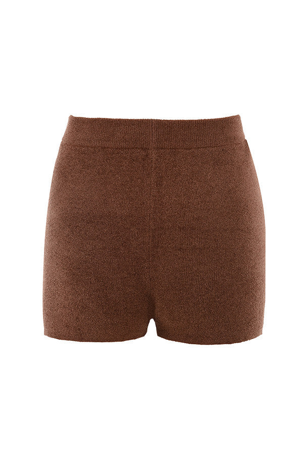 Choklad fluffig stickad crop top med högmidjade shorts