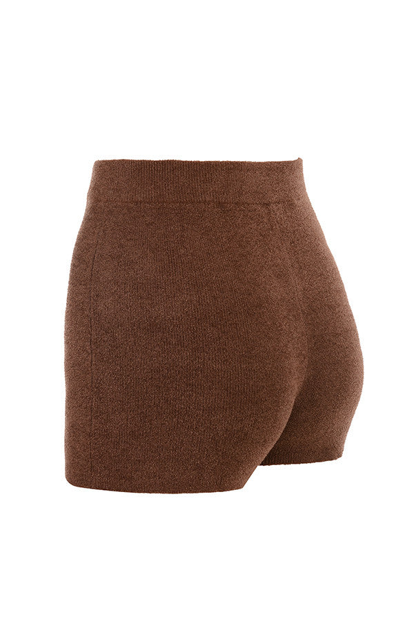 Choklad fluffig stickad crop top med högmidjade shorts