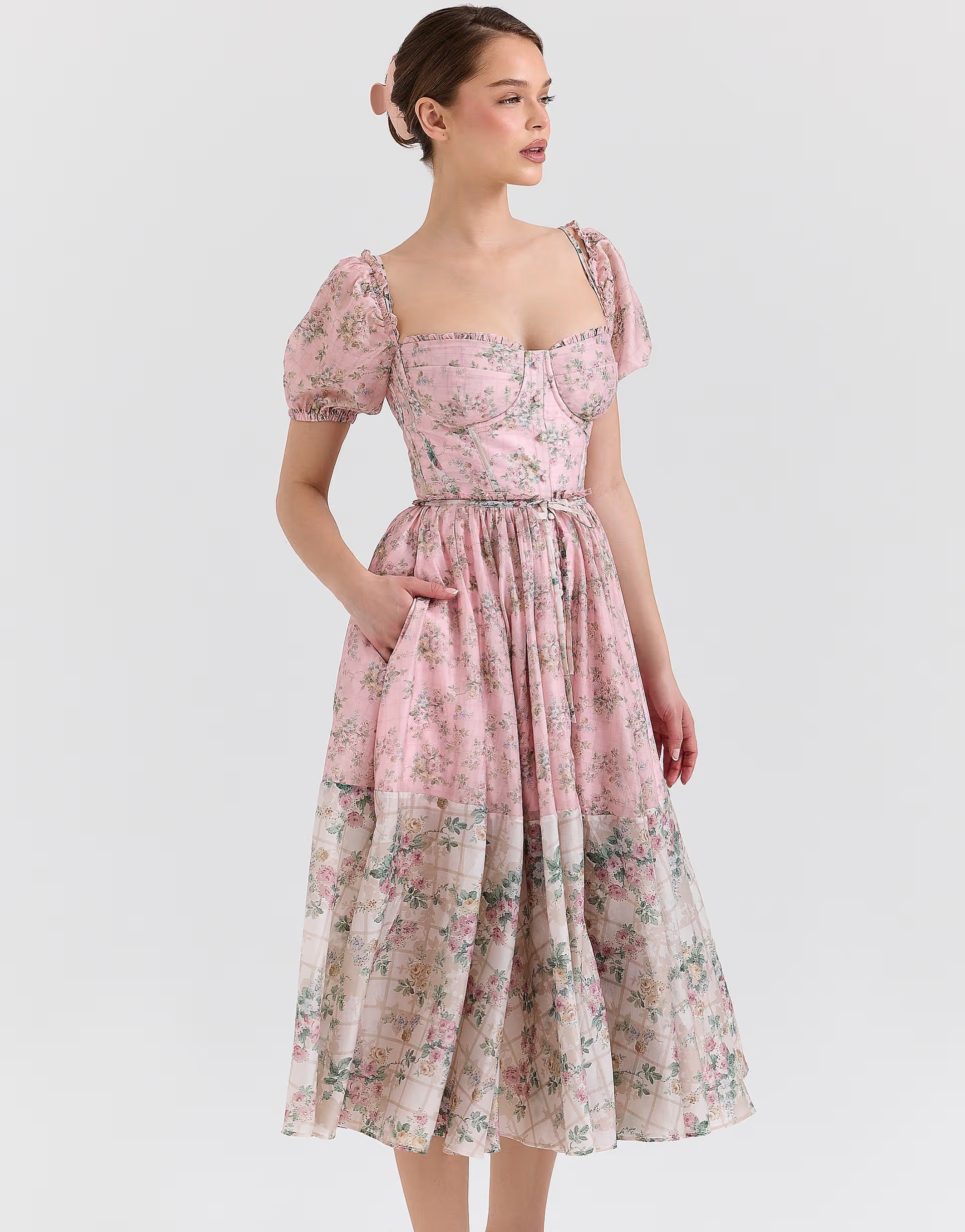 Chiffong Blommig Rosa Midiklänning