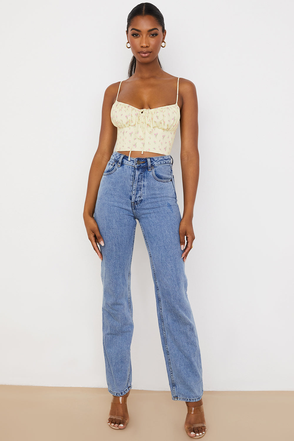 Citronfärgad blommig bustier topp med veck