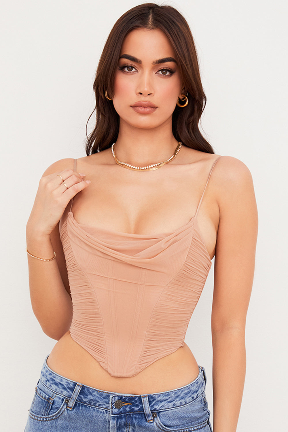Draperad korsett i beige mesh
