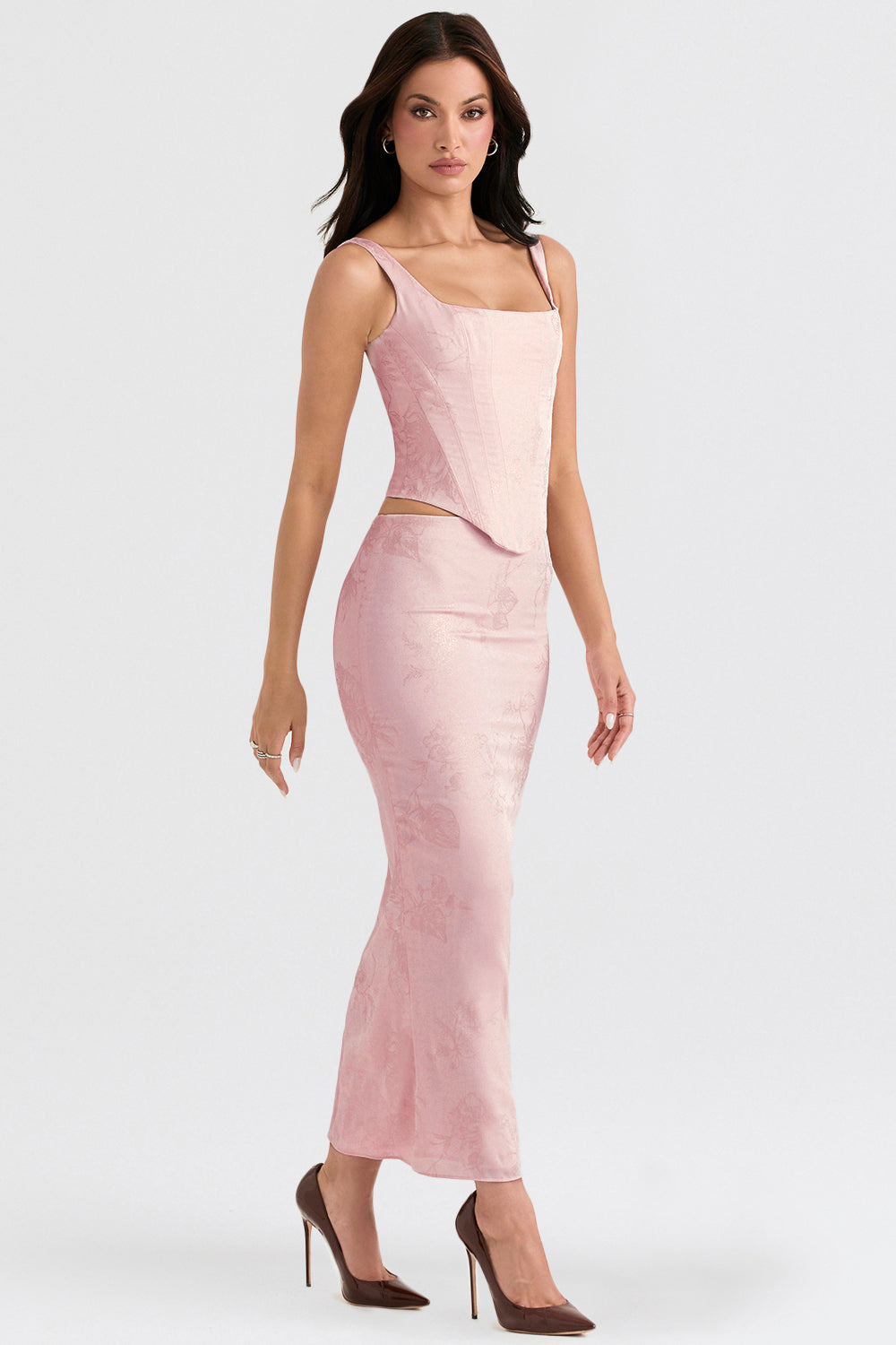 Rosa blommig satin longline korsett med midikjol