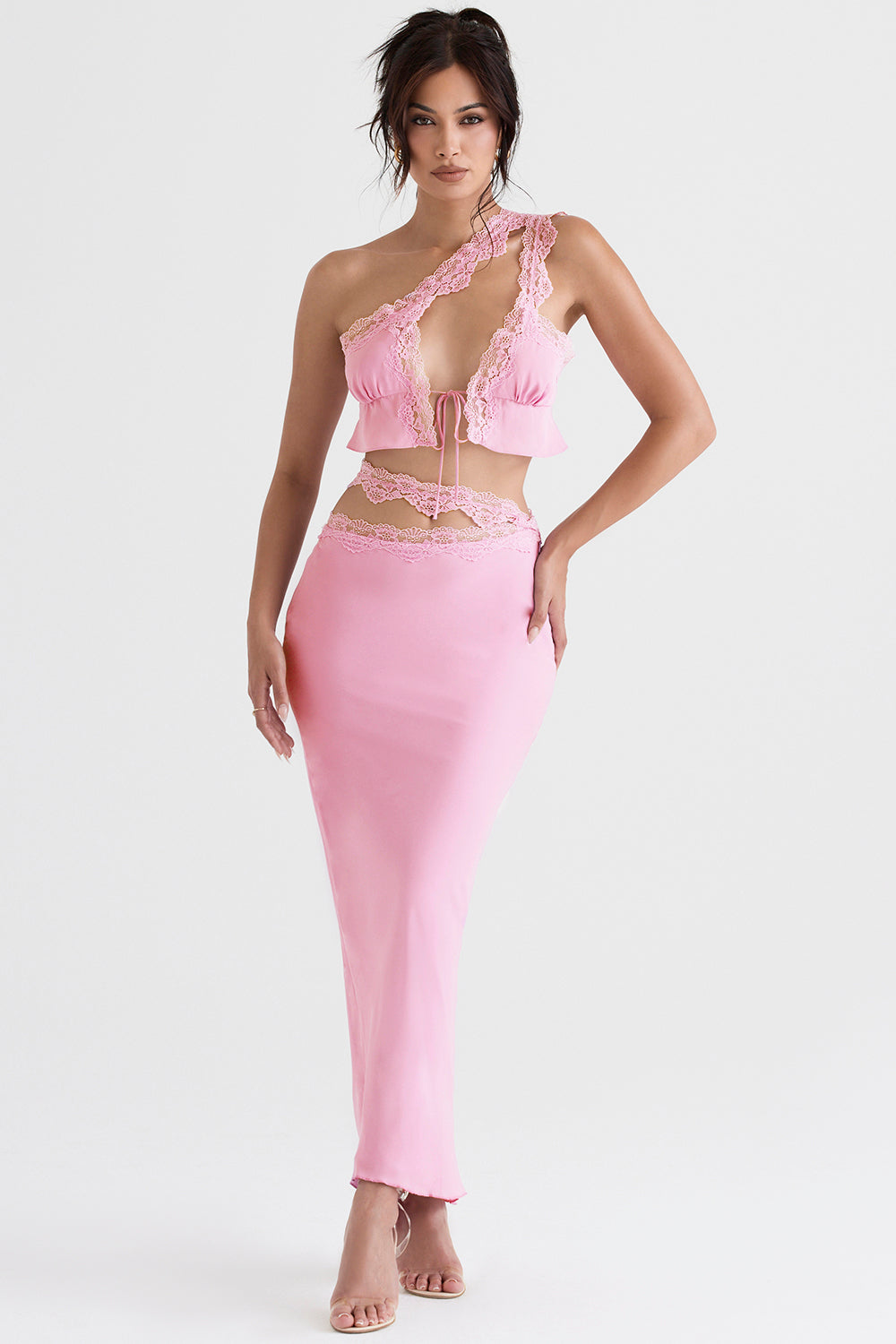 Rosa luftig cropped topp med maxikjol med spetskant