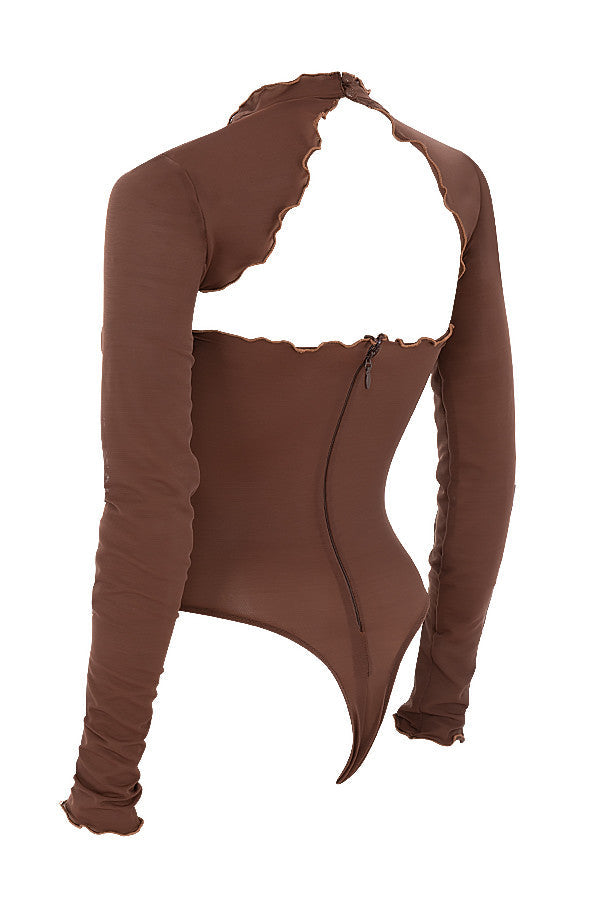 Bodysuit i brun power mesh med knytband framtill