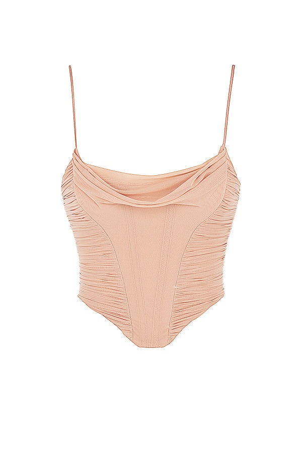 Draperad korsett i beige mesh
