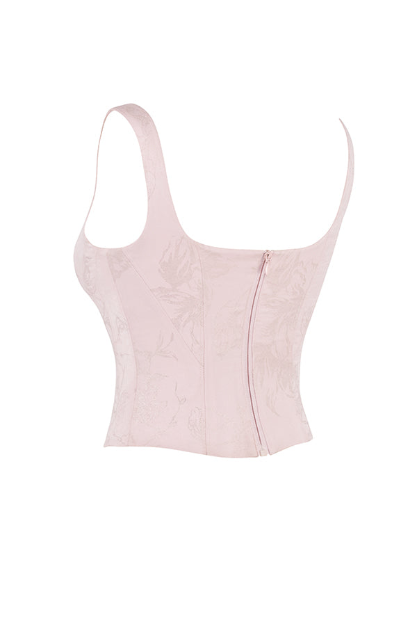 Rosa blommig satin longline korsett med midikjol