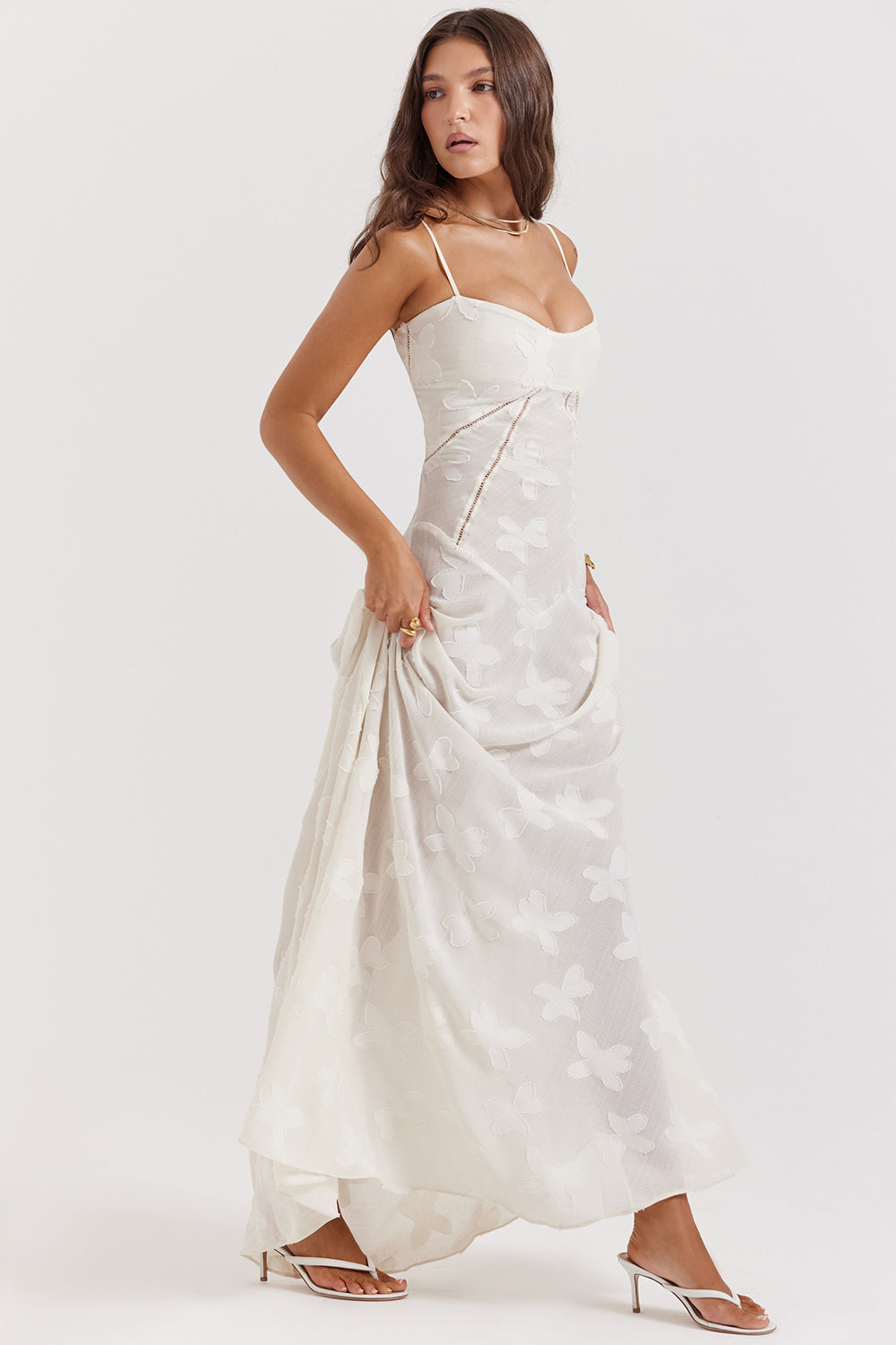 Vintage krämfärgad maxiklänning med spetsrygg