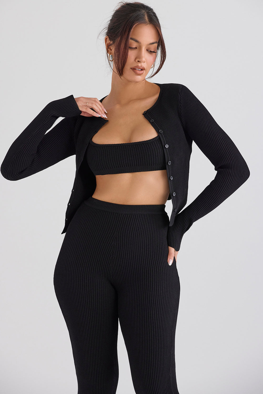 Ribbstickad cardigan med leggings