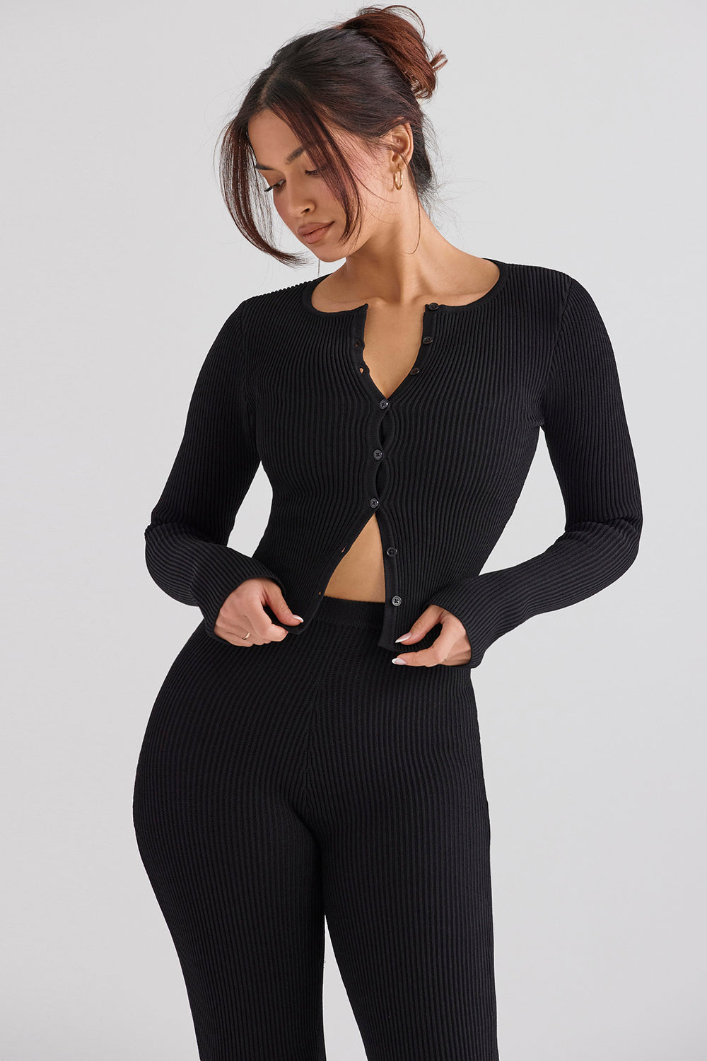 Ribbstickad cardigan med leggings