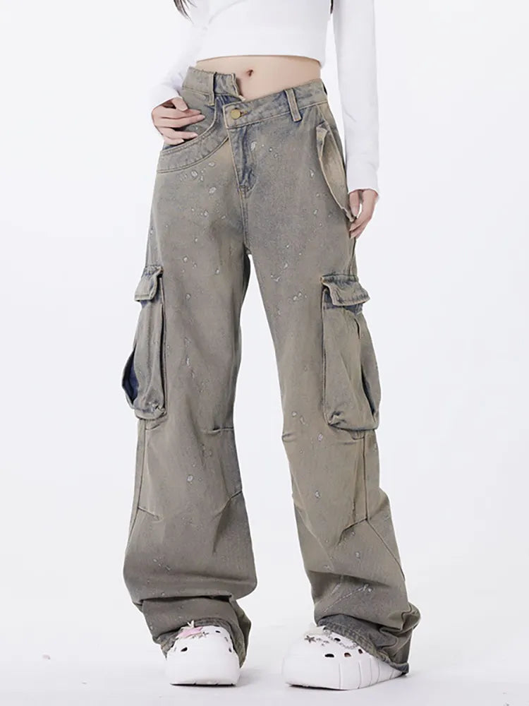 Retro asymmetriska tvättade jeans