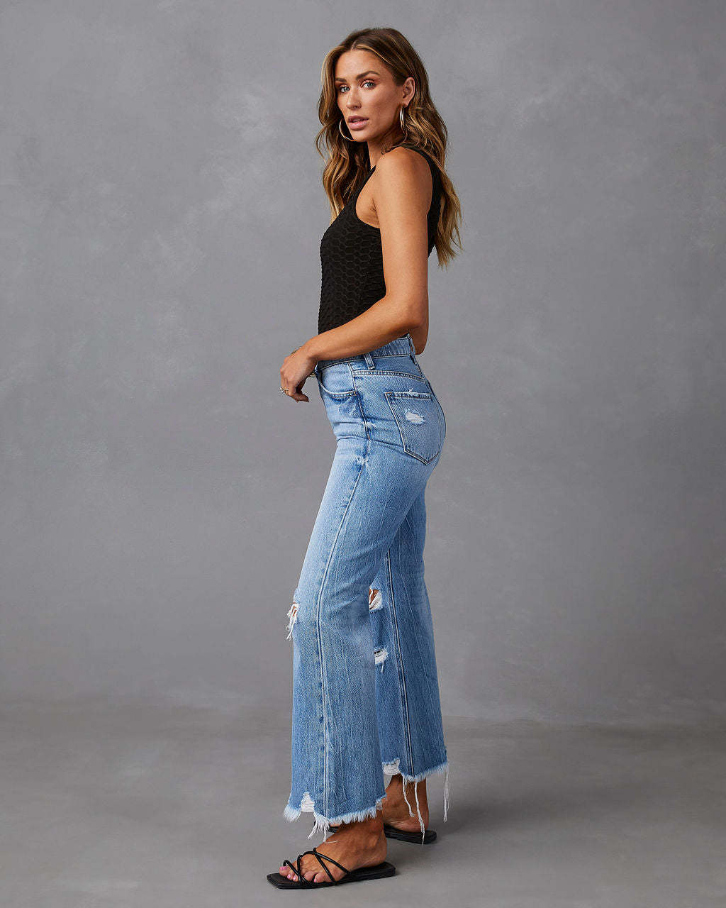 Rippade jeans med hög midja och vida ben