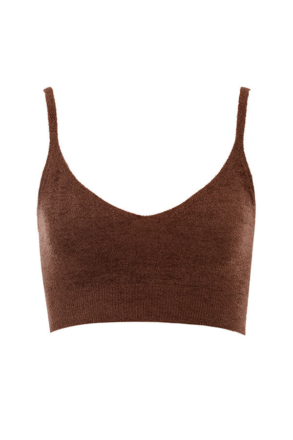Choklad fluffig stickad crop top med högmidjade shorts