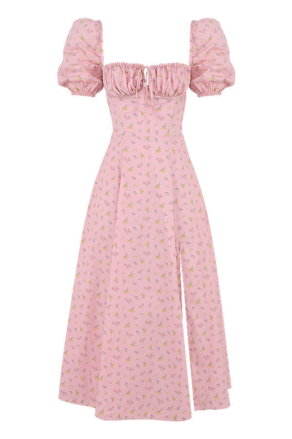 Midi solklänning med blommiga puffärmar