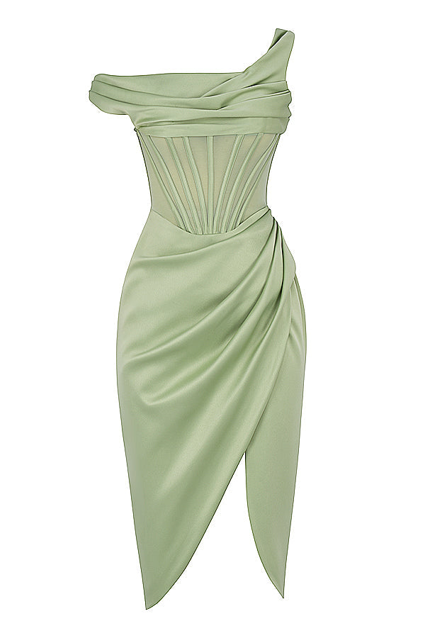 Asymmetrisk draperad midi-korsettklänning